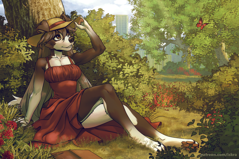 Size: 1125x750 | Tagged: safe, artist:-deymos-, artist:iskra, collaboration, oc, oc only, arthropod, butterfly, canine, dog, fox, insect, mammal, anthro, digitigrade anthro, 2022, bottomwear, breasts, brown body, brown eyes, brown fur, clothes, commission, cottagecore, cream body, cream fur, detailed background, digital art, dress, ears, eyelashes, featured image, female, fur, hat, headwear, outdoors, paw pads, paws, pose, sitting, solo, solo female, tail, thighs, vixen, wide hips