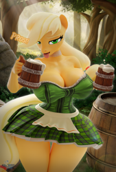 Size: 2600x3840 | Tagged: suggestive, artist:hooves-art, applejack (mlp), earth pony, equine, fictional species, mammal, pony, anthro, friendship is magic, hasbro, my little pony, 3d, absolute cleavage, alcohol, anthrofied, barrel, bedroom eyes, beer, beer mug, blonde hair, bottomwear, breasts, cider, cleavage, clothes, container, digital art, dress, drink, female, forest, front view, green eyes, hair, hair accessory, holding, holding object, huge breasts, long hair, long tail, looking at you, mug, neckwear, oktoberfest, open mouth, orange body, outdoors, plant, solo, solo female, standing, sunbeam, tail, tail accessory, text, thick thighs, thighs, three-quarter view, tied hair, tongue, tongue out, tree, wide hips, yellow tail