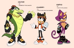 Size: 2048x1326 | Tagged: safe, artist:meanbeanzone, charmy bee (sonic), espio the chameleon (sonic), vector the crocodile (sonic), arthropod, bee, chameleon, crocodile, crocodilian, insect, lizard, reptile, anthro, plantigrade anthro, sega, sonic the hedgehog (series), 4 toes, 5 fingers, antennae, chaotix (sonic), character name, claws, clothes, fingerless gloves, full body, glasses, glasses on head, gloves, male, males only, older, orange eyes, paws, reference sheet, sharp teeth, shoes, smiling, sonic future au, tail, teeth, text, trio, trio male, wings, yellow eyes