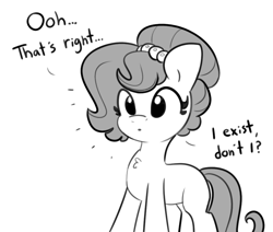 Size: 936x792 | Tagged: safe, artist:tjpones, oc, oc only, oc:brownie bun, earth pony, equine, fictional species, mammal, pony, feral, series:horse wife, friendship is magic, hasbro, my little pony, 2023, black and white, chest fluff, cute, dialogue, emanata, eyelashes, female, fluff, grayscale, hair, mane, mare, meta, monochrome, simple background, solo, solo female, tail, talking, white background