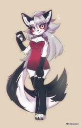 Size: 1000x1571 | Tagged: safe, artist:rsswoof, loona (vivzmind), canine, fictional species, hellhound, mammal, anthro, digitigrade anthro, hazbin hotel, helluva boss, 2023, bottomwear, cell phone, clothes, collar, dress, female, legwear, phone, solo, solo female, spiked collar, stockings