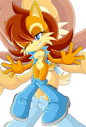 Size: 1024x1503 | Tagged: safe, artist:jasienorko, princess sally acorn (sonic), chipmunk, mammal, rodent, anthro, archie sonic the hedgehog, sega, sonic the hedgehog (series), 2019, belly button, blue eyes, boots, breasts, brown body, brown fur, cheek fluff, clothes, female, fluff, full body, fur, hair, jacket, one eye closed, red hair, shoes, smiling, solo, solo female, tail, topwear, winking