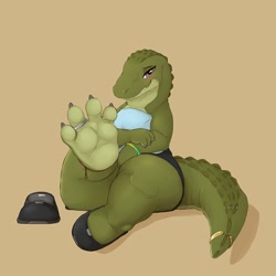 Size: 2000x2000 | Tagged: safe, artist:louart, alligator, crocodilian, reptile, anthro, 2023, blushing, female, foot focus, presenting, raised leg, scales, sitting, solo, solo female, tail, thick thighs, thighs, wide hips