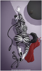Size: 767x1285 | Tagged: suggestive, artist:jay naylor, oc, oc only, equine, mammal, zebra, anthro, unguligrade anthro, 2015, all fours, bottomwear, breasts, cameltoe, clothes, clothing aside, detailed background, digital art, dress, ears, eyelashes, fur, hair, hooves, legwear, looking at you, looking up, looking up at you, panties, partial nudity, pose, rear view, rearboob, stockings, thighs, top view, topless, underwear, wide hips