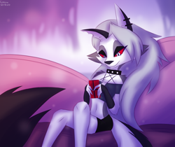 Size: 2500x2100 | Tagged: safe, artist:funktilda, loona (vivzmind), canine, fictional species, hellhound, mammal, anthro, hazbin hotel, helluva boss, 2020, bedroom eyes, belly button, black nose, bottomwear, breasts, cell phone, clothes, collar, colored sclera, couch, crop top, cropped shirt, detailed background, digital art, ears, eyelashes, female, fur, midriff, phone, pose, red sclera, shirt, shorts, sitting, smartphone, solo, solo female, spiked collar, tail, thighs, topwear, wide hips