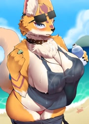 Size: 2300x3200 | Tagged: suggestive, artist:cecily0_, mammal, anthro, beach, bikini, blushing, breasts, clothes, female, fluff, glasses, glasses on head, huge breasts, neck fluff, nipple outline, shirt, solo, solo female, sunglasses, sunglasses on head, swimsuit, thick thighs, thighs, topwear, wet, wet shirt, wide hips
