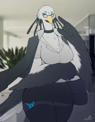 Size: 1606x2048 | Tagged: safe, artist:safeorangedog, bird, bird of prey, secretary bird, anthro, beak, bottomwear, breasts, clothes, feathers, female, glasses, huge breasts, shirt, skirt, solo, solo female, tail, tail feathers, thick thighs, thighs, topwear, wide hips, winged arms