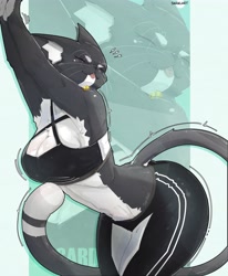 Size: 3380x4096 | Tagged: safe, artist:sarulart, cat, feline, mammal, anthro, big breasts, blep, breasts, clothes, eyes closed, female, solo, solo female, sports bra, sports pants, stretching, tail, thick thighs, thighs, tongue, tongue out, topwear, wide hips