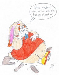 Size: 1020x1320 | Tagged: safe, artist:emperornortonii, cream the rabbit (sonic), lagomorph, mammal, rabbit, anthro, deviantart, sega, sonic the hedgehog (series), archived source, belly, belly button, broken chair, brown eyes, butt, chubby female, clothes, colored sketch, cream body, cream fur, ears, fanart, fat, female, fur, gloves, long ears, muzzle, orange dress, shoes, simple background, sketch, slightly chubby, solo, solo female, white background