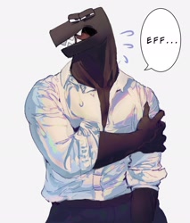 Size: 1744x2048 | Tagged: safe, artist:monopoly360, anthro, 2022, alphabet (mike salcedo), alphabet lore, f (alphabet lore), hand on arm, male, solo, solo male, text, white shirt