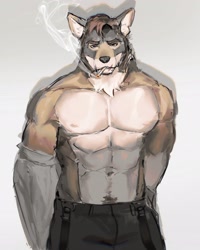 Size: 1638x2048 | Tagged: safe, artist:monopoly360, william adler (echo project), canine, coyote, mammal, anthro, echo project, 2023, bara, barazoku, fur, male, muscles, muscular male, smoke, smoking, solo, solo male, tan body, tan fur, undressing