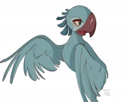 Size: 2634x2124 | Tagged: safe, artist:tohupony, jewel (rio), bird, macaw, parrot, spix's macaw, feral, blue sky studios, rio, 2023, 2d, beak, female, open beak, open mouth, signature, simple background, solo, solo female, white background