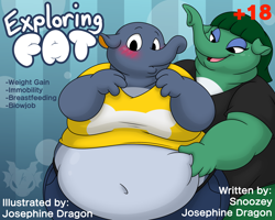 Size: 2560x2048 | Tagged: suggestive, artist:jouigidragon, elephant, mammal, anthro, comic:exploring fat, animal crossing, nintendo, 2d, belly button, comic, comic cover, dizzy (animal crossing), duo, duo male and female, english text, fat, female, male, moobs, obese, opal (animal crossing), signature, text, ungulate