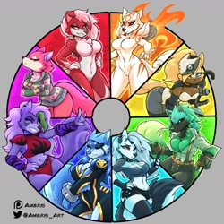Size: 2400x2400 | Tagged: safe, artist:ambris, amaterasu (okami), freya (animal crossing), loona (vivzmind), roxanne wolf (fnaf), whisper the wolf (sonic), canine, fictional species, hellhound, lycanroc, mammal, midnight lycanroc, wolf, anthro, animal crossing, capcom, five nights at freddy's, five nights at freddy's: security breach, hazbin hotel, helluva boss, idw sonic the hedgehog, nintendo, okami, pokémon, sega, sonic the hedgehog (series), 2023, belly button, black nose, bottomwear, breasts, cleavage, clothes, color wheel challenge, colored sclera, digital art, ears, eyelashes, featureless breasts, featureless crotch, female, females only, fur, group, hair, hand on hip, kiera (shot one), meme, pants, red sclera, shirt, shorts, tail, thighs, topwear, wide hips
