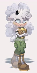 Size: 1680x3311 | Tagged: safe, artist:coffea_tea, lanolin the sheep (sonic), bovid, caprine, mammal, sheep, anthro, plantigrade anthro, idw sonic the hedgehog, sega, sonic the hedgehog (series), 2023, armband, bell collar, belt, blue eyes, boots, bottomwear, breasts, clothes, collar, crossed arms, female, fingerless gloves, gloves, hair ring, horns, pants, shoes, solo, solo female, topwear, white body