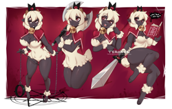 Size: 1420x900 | Tagged: safe, artist:teranen, lamb (cult of the lamb), bovid, caprine, lamb, mammal, sheep, anthro, unguligrade anthro, cult of the lamb, 2023, axe, bell, book, border, breasts, butt, cape, chains, chest fluff, cloven hooves, crown, dialogue, female, fluff, headwear, heart, hooves, jewelry, looking at you, open mouth, open smile, red eyes, regalia, smiling, solo, solo female, sword, talking, weapon, white border, wool (fur)