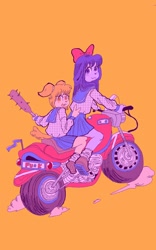 Size: 800x1280 | Tagged: safe, artist:puppychan, pipimi (pop team epic), popuko (pop team epic), canine, dog, mammal, anthro, pop team epic, digital art, duo, duo female, female, females only, furrified, motorcycle, orange background, simple background, vehicle