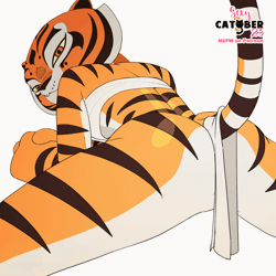Size: 1080x1080 | Tagged: suggestive, artist:feliscede, master tigress (kung fu panda), big cat, feline, mammal, tiger, anthro, series:sexy catober (by feliscede), dreamworks animation, kung fu panda, 2023, 2d, 2d animation, animated, bedroom eyes, bikini, bikini top, breasts, butt, clothes, detailed background, digital art, ears, eyelashes, fur, gif, loincloth, looking at you, looking back, looking back at you, rear view, sideboob, simple background, swimsuit, tail, thighs, twerking, white background, wide hips