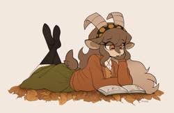 Size: 2048x1325 | Tagged: safe, artist:okaliz, oc, oc:adeline (okaliz), bovid, goat, mammal, anthro, 2023, autumn, book, bottomwear, cardigan, clothes, female, hair, hair band, horns, leaf, legs in air, legwear, looking down, lying down, outdoors, prone, reading, simple background, skirt, solo, solo female, stocking feet, stockings, sweater, the pose, topwear