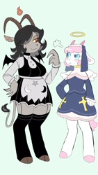 Size: 1080x1920 | Tagged: safe, artist:puppychan, oc, oc only, bovid, caprine, demon, fictional species, goat, mammal, sheep, anthro, brown body, brown fur, caprine demon, digital art, duo, duo female, female, females only, fur, hair, halo, pink hair, smiling, white body, white fur