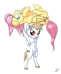 Size: 2549x3097 | Tagged: safe, alternate version, artist:chef j, bulk biceps (mlp), fluttershy (mlp), equine, fictional species, mammal, pegasus, pony, feral, friendship is magic, hasbro, my little pony, abs, belly button, bipedal, blonde hair, blonde mane, blonde tail, blue eyes, colored, duo, duo male and female, female, feral/feral, flutterbulk (mlp), fur, hair, holding, holding character, male, male/female, mane, mare, muscles, muscular female, pink hair, pink mane, pink tail, red eyes, rule 63, shipping, stallion, tail, tomboy, ungulate, white body, white fur, wide hips, yellow body, yellow fur
