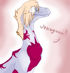 Size: 761x800 | Tagged: safe, artist:jenzgu, dinosaur, feral, ambiguous gender, blonde hair, gray body, hair, red body, smiling, solo, solo ambiguous