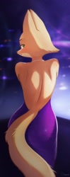 Size: 1100x2771 | Tagged: safe, artist:omeki_, diane foxington (the bad guys), canine, fox, mammal, anthro, dreamworks animation, the bad guys, 2023, backless, bottomwear, butt, clothes, dress, female, looking at you, looking back, looking back at you, solo, solo female, tail