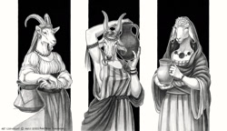 Size: 2000x1149 | Tagged: safe, artist:anisis, bovid, caprine, cattle, cow, goat, mammal, sheep, 2020, bottomwear, breasts, clothes, dress, ears, fur, horns, monochrome, sideboob, traditional art