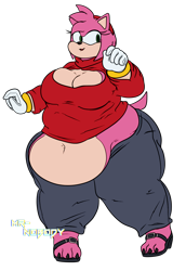 Size: 1000x1450 | Tagged: suggestive, artist:mr-nobody, amy rose (sonic), hedgehog, mammal, anthro, sega, sonic the hedgehog (series), 2023, 3 toes, 5 fingers, belly button, big breasts, black nose, bottomwear, breasts, cleavage, clothes, commission, cream body, eyelashes, fat, fat fetish, female, gloves, green eyes, hair, hairband, huge belly, hyper, hyper butt, midriff, obese, open mouth, open smile, pants, pink body, pink tail, sandals, shoes, short tail, simple background, smiling, solo, solo female, tail, text, three-quarter view, topwear, transparent background, two toned body, watermark, white gloves