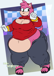 Size: 1000x1405 | Tagged: suggestive, alternate version, artist:mr-nobody, amy rose (sonic), hedgehog, mammal, anthro, sega, sonic the hedgehog (series), 2023, 3 toes, 5 fingers, abstract background, belly button, big breasts, black nose, bottomwear, breasts, cleavage, clothes, commission, cream body, eyelashes, fat, fat fetish, female, gloves, green eyes, hair, hairband, huge belly, hyper, hyper butt, midriff, obese, open mouth, open smile, pants, pink body, pink tail, sandals, shoes, short tail, smiling, solo, solo female, tail, text, three-quarter view, topwear, two toned body, watermark, white gloves