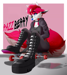 Size: 2821x3139 | Tagged: safe, artist:raxelnsfw, oc, oc only, canine, fox, mammal, anthro, 2023, bedroom eyes, belt, boots, bottomwear, breasts, clothes, commission, digital art, ears, eyelashes, female, floppy ears, fur, hair, jacket, pants, pose, shirt, shoes, sitting, skateboard, solo, solo female, tail, thighs, tongue, topwear, vixen, wide hips