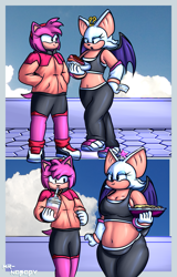 Size: 967x1510 | Tagged: safe, artist:mr-nobody, amy rose (sonic), rouge the bat (sonic), bat, hedgehog, mammal, anthro, comic:gp feast, sega, sonic riders, sonic the hedgehog (series), 2 panel comic, 2023, bat wings, belly, belly button, big breasts, big ears, black eyes, bottomwear, breasts, chili dog, cleavage, clothes, container, cup, drinking, drinking straw, duo, duo female, ears, english text, eyelashes, eyeshadow, fat fetish, female, females only, food, gloves, hair, hairband, hand on hip, holding, holding food, holding object, hot dog, jacket, long eyelashes, makeup, midriff, open mouth, pants, pink body, pink tail, question mark, questionable source, short tail, shorts, slightly chubby, smiling, tail, tank top, text, thick thighs, thighs, topwear, watermark, webbed wings, weight gain, white gloves, wings