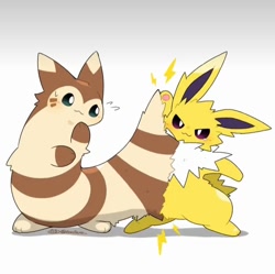 Size: 720x717 | Tagged: safe, artist:tontaro, eeveelution, fictional species, furret, jolteon, mammal, anthro, feral, nintendo, pokémon, 2023, ambiguous gender, ambiguous only, animated at source, cheek fluff, crying, digital art, duo, duo ambiguous, ears, fluff, fur, neck fluff, paws, short tail, signature, simple background, stuck, tail, thighs, uh-oh, white background