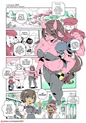 Size: 1330x1895 | Tagged: safe, artist:shepherd0821, cat, dwarf (species), feline, fictional species, human, mammal, anthro, humanoid, modern mogal, 2023, beard, blue eyes, bottomwear, breasts, cat tail, clothes, comic, dialogue, facial hair, female, female focus, four arms, goggles, group, hair, hat, headwear, hooded cloak, horns, long hair, male, solo focus, talking, text, topwear, yellow eyes