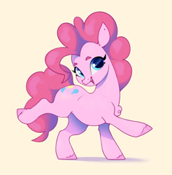 Size: 887x901 | Tagged: safe, artist:aquaticvibes, pinkie pie (mlp), earth pony, equine, fictional species, mammal, pony, feral, friendship is magic, hasbro, my little pony, 2023, 2d, blue eyes, female, fur, hair, looking at you, mane, mare, open mouth, open smile, pink body, pink fur, pink hair, pink mane, pink tail, simple background, smiling, smiling at you, solo, solo female, tail