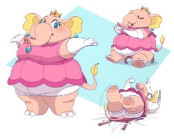 Size: 1200x959 | Tagged: safe, artist:yellowhellion, princess peach (mario), elephant, mammal, anthro, mario (series), nintendo, 2023, 2d, bloomers, blue eyes, blushing, bottomwear, chair, clothes, crown, dress, drink, drinking, elephantified, eyes closed, falling, female, gloves, headwear, holding, holding object, jewelry, looking at you, multeity, regalia, saucer, solo, solo female, species swap, super mario bros. wonder, tea, teacup