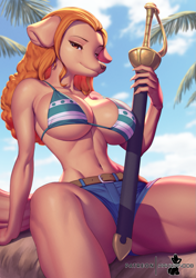 Size: 897x1269 | Tagged: safe, artist:pakwan008, wanda (one piece), canine, dog, fictional species, mammal, mink tribe, anthro, one piece, 2023, beach, bedroom eyes, belly button, big breasts, bikini, bikini top, black nose, bottomwear, breasts, clothes, detailed background, digital art, ears, eyelashes, female, fur, hair, leaning back, palm tree, plant, pose, shorts, sitting, solo, solo female, spread legs, swimsuit, sword, tail, thighs, tree, weapon, wide hips