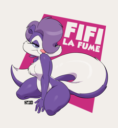 Size: 2500x2700 | Tagged: safe, artist:joaoppereiraus, fifi la fume (tiny toon adventures), mammal, skunk, anthro, tiny toon adventures, warner brothers, adorasexy, big tail, chest fluff, cute, female, fluff, fur, hair, hair over one eye, huge tail, looking at you, older, purple body, purple fur, seductive eyes, seductive look, seductive pose, sexy, solo, solo female, tail, tail fluff, white body, white fur