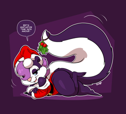Size: 2000x1822 | Tagged: suggestive, artist:joaoppereiraus, fifi la fume (tiny toon adventures), anthro, tiny toon adventures, warner brothers, big tail, christmas, christmas outfit, clothes, costume, female, hair, hair over one eye, hat, headwear, holiday, huge tail, lidded eyes, looking at you, lying down, mistletoe, santa costume, santa hat, seductive, seductive eyes, seductive look, smiling, smiling at you, smirk, solo, solo female, tail