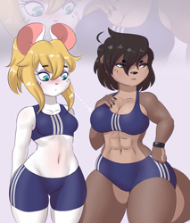 Size: 1700x2000 | Tagged: suggestive, artist:mr-shin, mammal, mouse, mustelid, otter, rodent, anthro, 2023, clothes, duo, female, sports bra, topwear