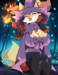 Size: 1200x1553 | Tagged: safe, artist:skwidbone, oc, oc only, delphox, fictional species, mismagius, anthro, nintendo, pokémon, 2023, breasts, clothes, costume, detailed background, digital art, ear fluff, ears, eyelashes, eyes closed, female, fluff, hair, halloween, halloween costume, huge breasts, pose, sitting, solo, solo female, starter pokémon, tail, thighs, wide hips