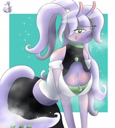 Size: 2840x3160 | Tagged: safe, artist:layladrawspoke, fictional species, goodra, anthro, nintendo, pokémon, 2023, belly button, big breasts, boob window, bottomwear, breasts, clothes, crop top, digital art, ears, eyelashes, female, hair, hanging breasts, looking at you, midriff, open mouth, pants, pose, presenting, scales, simple background, solo, solo female, tail, thighs, tongue, topwear, wide hips