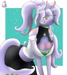 Size: 2840x3160 | Tagged: safe, alternate version, artist:layladrawspoke, fictional species, goodra, anthro, nintendo, pokémon, 2023, belly button, big breasts, boob window, bottomwear, breasts, clothes, crop top, digital art, ears, eyelashes, female, hair, hanging breasts, looking at you, midriff, open mouth, pants, pose, presenting, scales, simple background, solo, solo female, tail, thighs, tongue, topwear, wide hips