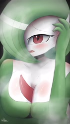 Size: 2160x3840 | Tagged: safe, artist:layladrawspoke, fictional species, gardevoir, anthro, nintendo, pokémon, 2023, breasts, bust portrait, digital art, ears, eyelashes, female, hair, hair over one eye, looking at you, open mouth, pose, solo, solo female, thighs, tongue, wide hips