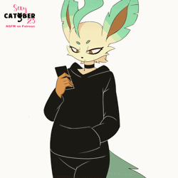 Size: 1080x1080 | Tagged: suggestive, artist:feliscede, eeveelution, fictional species, ghost, leafeon, mammal, undead, anthro, series:sexy catober (by feliscede), nintendo, pokémon, 2023, 2d, 2d animation, animated, assisted exposure, bedroom eyes, belly button, bikini, bra, breasts, cell phone, clothes, digital art, ears, eyelashes, female, fur, gif, hair, jaw drop, looking at you, micro bikini, open mouth, panties, pants, pants pulled down, phone, pose, shirt, shirt lift, simple background, small breasts, smartphone, solo, solo female, swimsuit, tail, thighs, tongue, topwear, underwear, undressing, white background, wide hips