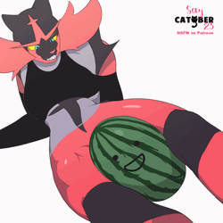Size: 1080x1080 | Tagged: suggestive, artist:feliscede, fictional species, incineroar, mammal, anthro, series:sexy catober (by feliscede), nintendo, pokémon, 2023, 2d, 2d animation, animated, belly button, bottomless, breasts, cheek fluff, clothes, digital art, ears, eyelashes, female, fluff, food, fruit, fur, gif, hair, nudity, partial nudity, pose, simple background, snu-snu, solo, solo female, sports bra, starter pokémon, tail, thighs, topwear, watermelon, white background, wide hips