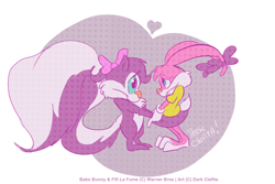 Size: 1200x800 | Tagged: safe, artist:clefita, babs bunny (tiny toon adventures), fifi la fume (tiny toon adventures), lagomorph, mammal, rabbit, skunk, anthro, tiny toon adventures, warner brothers, 90s, babsxfifi (tiny toon adventures), big tail, bottomwear, bow, bunny ears, bunny tail, clothes, duo, duo female, ears, ears down, feet, female, female/female, females only, fluff, fur, hair, holding, holding hands, huge tail, lgbt, lgbtq, looking at each other, muzzle, pink body, purple body, ribbon, sapphic, shipping, shipping fuel, skirt, tail, tail fluff, white body, white fur, yellow shirt