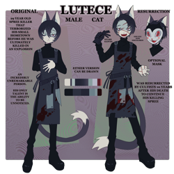 Size: 3000x3000 | Tagged: safe, artist:casin0s, oc, oc only, oc:lutece (casin0s), cat, feline, mammal, anthro, plantigrade anthro, beauty mark, blood, butcher knife, clothes, english text, gloves, hair, kitchen knife, male, mask, red eyes, reference sheet, self paradox, stitches, sweater, text, topwear, turtleneck