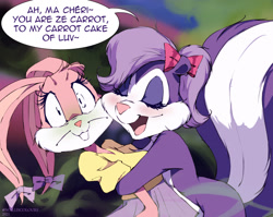 Size: 1280x1018 | Tagged: safe, artist:walliscolours, babs bunny (tiny toon adventures), fifi la fume (tiny toon adventures), lagomorph, mammal, rabbit, skunk, anthro, tiny toon adventures, warner brothers, babsxfifi (tiny toon adventures), big tail, blushing, ears, ears down, english text, female, female/female, females only, french text, hug, huge tail, lgbt headcanon, lgbtq, male, rabbit ears, sapphic, shipping, shipping fuel, tail, text