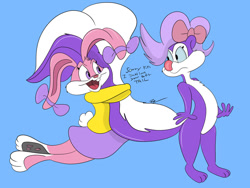 Size: 1280x963 | Tagged: safe, artist:rigoanimate, babs bunny (tiny toon adventures), fifi la fume (tiny toon adventures), lagomorph, mammal, rabbit, skunk, anthro, tiny toon adventures, warner brothers, 90s, big tail, blue eyes, bow, clothes, duo, ears, ears down, feet, female, females only, fluff, fur, hair, hug, huge tail, looking back at each other, pink body, pink fur, purple body, purple eyes, purple fur, ribbon, simple background, smiling, tail, tail fluff, tail hug